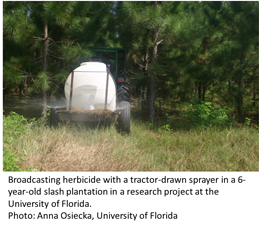 Broadcasting herbicide with a tractor-drawn sprayer 